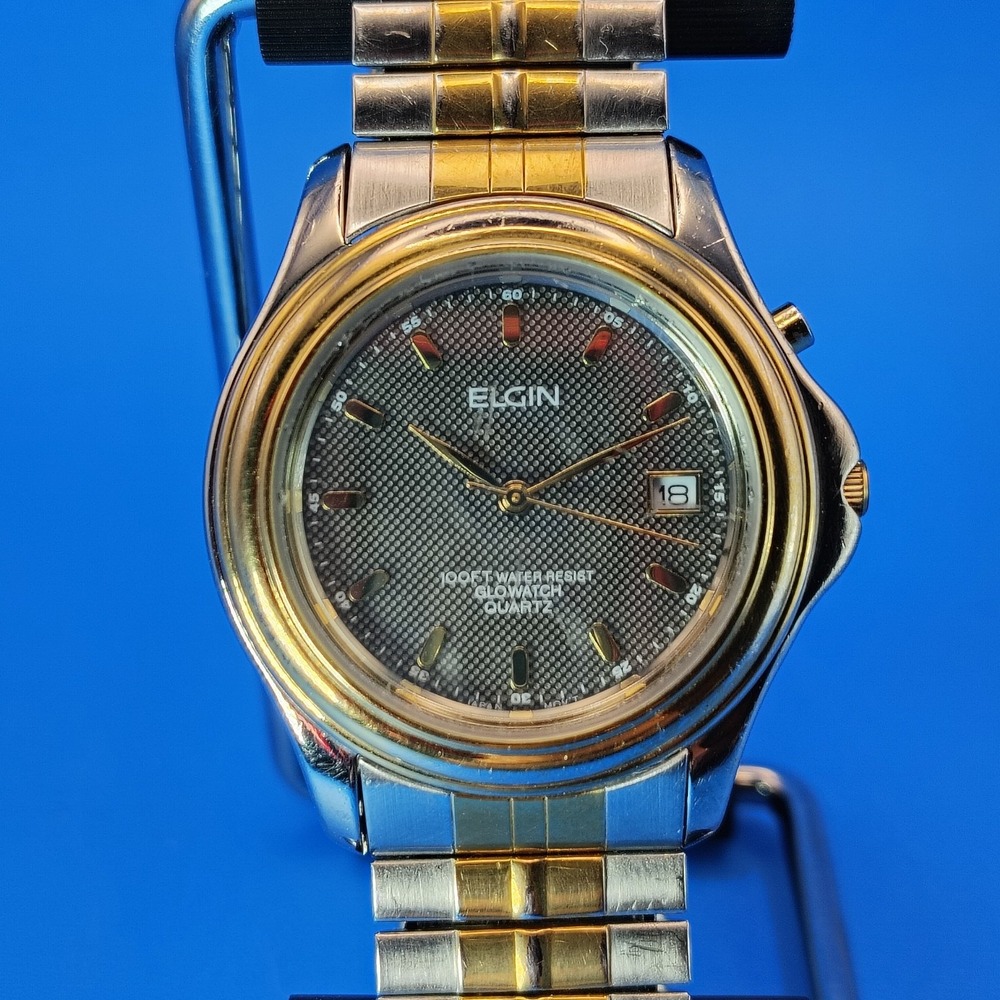 Vintage 1996 Elgin Glowatch Date Two Tone 32mm Mens Quartz Dress Watch Restored